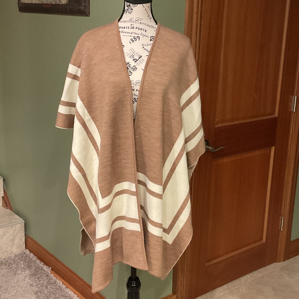LOFT Beige and White Knit Poncho/Cardigan, Size M/L